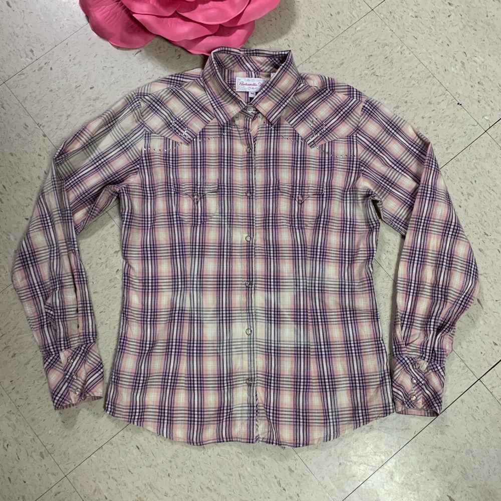 PANHANDLE SLIM Shirt Womens Sz M Metallic‎ Plaid Pearl Snap Rhinestone Western